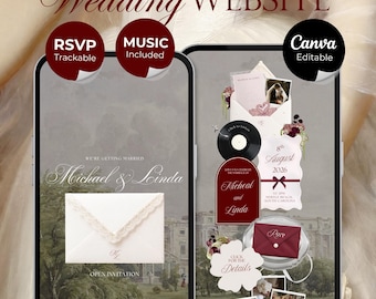Burgundy Vintage Floral Wedding Website Template with RSVP, Music and Countdown Timer: Ivory Wedding invitations (Digital Download)