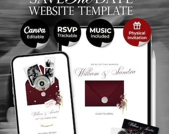 Burgundy Floral Save the Date Website with RSVP/Details,Music and Countdown Timer: Canva Digital Invitation Template (Digital Download)