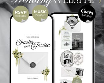 Ivory, Green & Black Floral Wedding Website Template with RSVP, Music and Countdown Timer: Editable Canva Design (Digital Download)