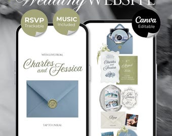 Dusty Blue Wedding Website Template with RSVP, Music and Countdown Timer: Elegant Editable Old Money Canva Site | Invitation Classic Wedding