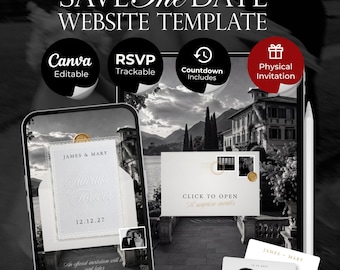 Black White Romantic Lace Save the Date Website with Details Form, RSVP and Countdown Timer: Canva Digital Invitation (Digital Download)
