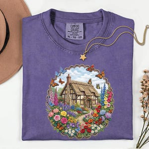 Whimsical Cottage House Graphic Tee, Wildflower Garden Shirt with Butterflies, Fairycore Clothing