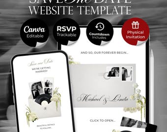 Ivory & Green Floral Save the Date Website with RSVP, Countdown Timer: Canva Digital Invitation Template (Digital Download)