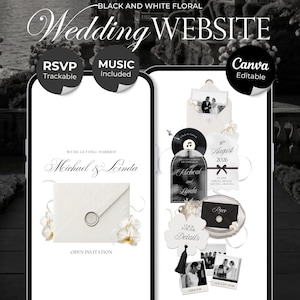 May include: A digital wedding website template displayed on two smartphones, featuring black and white floral themes, an envelope with a wax seal, RSVP tracking, music integration, and editable Canva elements for Michael and Linda's wedding.