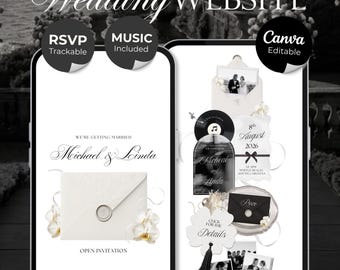 White & Black Floral Wedding Website Template with RSVP, Music and Countdown Timer | Wedding invites (Digital Download)