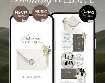 White & Black Floral Wedding Website Template with RSVP, Music and Countdown Timer : Wedding invitations (Digital Download)