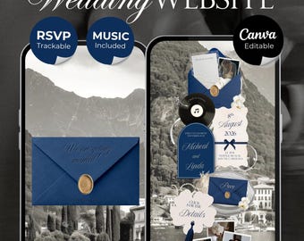 Navy & Dusty Blue Wedding Website Template with RSVP, Music and Countdown Timer: Editable Canva Design (Digital Download)