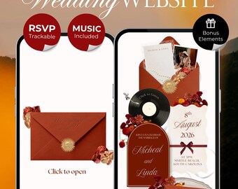 Burgundy & Orange Floral Wedding Website Template | Editable Canva Invitation with RSVP, Music and Countdown (Digital Download)