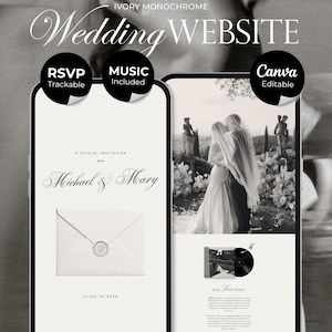 Ivory & Black Minimal Wedding Website Template with RSVP, Countdown and Music: DIY Canva Template (Digital Download)