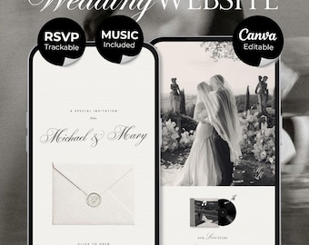 Ivory & Black Minimal Wedding Website Template with RSVP, Countdown and Music: DIY Canva Template (Digital Download)