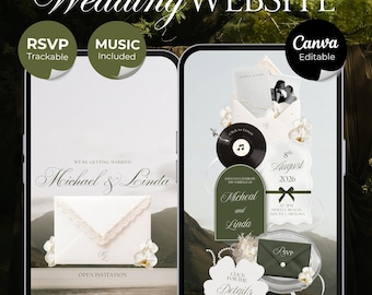 Olive Green Floral Wedding Website Template with RSVP, Music and Countdown Timer: DIY Canva Template (Digital Download)