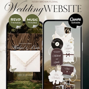 May include: Two smartphone screens displaying an ivory brown floral wedding website template. The design features elegant typography, an interactive envelope, music player icon, RSVP section, and photo galleries with text reading Michael and Linda.