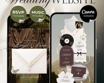 Brown & Ivory Floral Wedding Website Template with RSVP, Countdown and Music: Classic Envelope Digital Invitation