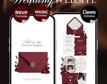 Burgundy & Ivory Vintage Floral Wedding Website Template with RSVP, Music and Countdown Timer | Editable Canva Design (Digital Download)