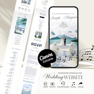 May include: A modern minimalist wedding website template displayed on a smartphone and a webpage. The smartphone screen shows a couple at a wedding ceremony. The webpage includes RSVP, photo, countdown, music, and share options. The Canva Editable logo is visible.