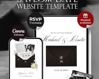 Black, Ivory & Green Save the Date Website Template: Canva Digital Invitation (Digital Download)