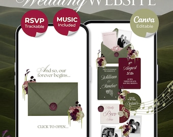 Olive Green & Burgundy Floral Wedding Website Template with RSVP, Countdown and Music: Editable Canva Design (Digital Download)