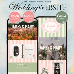 Könnte beinhalten: Eine digitale Hochzeits-Website-Vorlage auf zwei Smartphones, mit rosa-weißen vertikalen Streifen, handgezeichneten Sternakzenten und Texten wie "James & Mary are getting married", "Details" und "Our Story" mit Platzhaltern für Fotos.