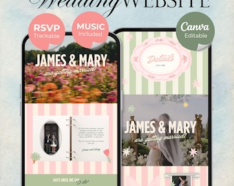 Mall för webbplats med färgglad blommig bröllopsdesign med OSA, musik och nedräkningstimer: DIY Canva-mall (digital nedladdning)
