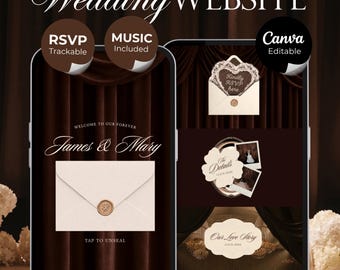 Old Money Wedding Website Template with RSVP, Music and Countdown Timer: Classic Brown Digital Invitation
