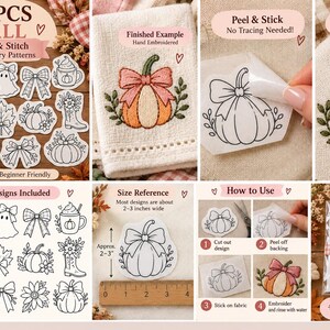 May include: A set of 15 fall-themed stick and stitch embroidery patterns featuring pumpkins, flowers, ghosts, and bows. The kit includes water-soluble adhesive designs, a finished example on a towel, and a ruler showing a 2-3 inch width.