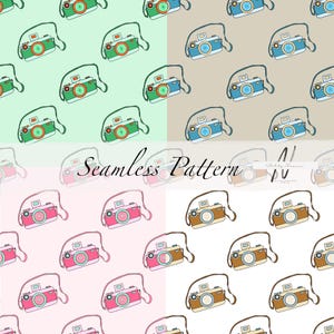 May include: Seamless pattern featuring repeating illustrations of vintage cameras in various colors, including green, blue, pink, and brown. The cameras have a strap and are set against a light background. The words "Seamless Pattern" are also visible.