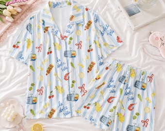 La Dolce Vita Summer Vibe Short Satin Pajama Set, Family Sleepwear, Polyester Spandex Blend