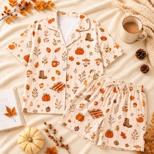 Cozy Autumn Pumpkin Pajamas, Maple Leaves Pjs Set, Fall Plaid Blanket Sleepwear, Hot Cocoa Mug Loungewear, Mushroom Ankle Boots Nightwear