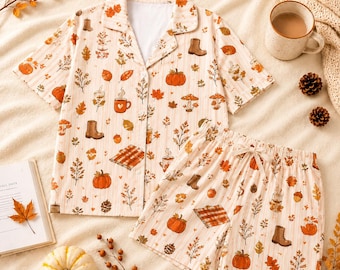 Cozy Autumn Pumpkin Pajamas, Maple Leaves Pjs Set, Fall Plaid Blanket Sleepwear, Hot Cocoa Mug Loungewear, Mushroom Ankle Boots Nightwear
