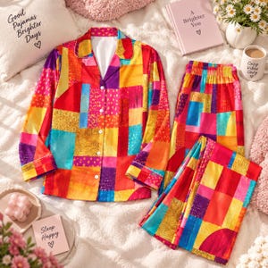 May include: A long-sleeve button-down pajama shirt and matching elastic-waist pajama pants featuring a vibrant, multi-colored patchwork pattern of red, yellow, blue, and purple geometric shapes with a subtle gold-toned speckled texture.