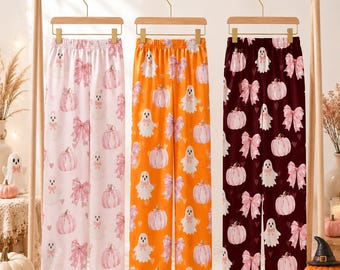 Pink Ghost Coquette Pumpkin Pajama Pants, Halloween Lounge Pants, Halloween Festive Loungewear, Only Pants, Spooky Pjs