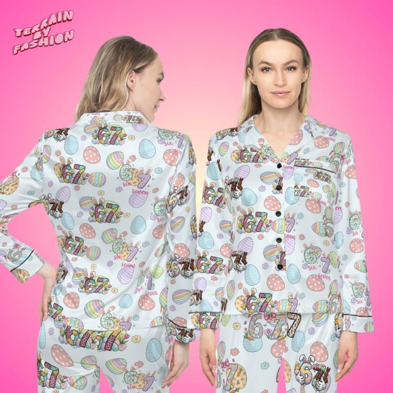 Conjunto de pijama de satén Easter Six Seven 67, mezcla de poliéster para mujer, ropa de dormir familiar, regalos de Pascua imagen 2