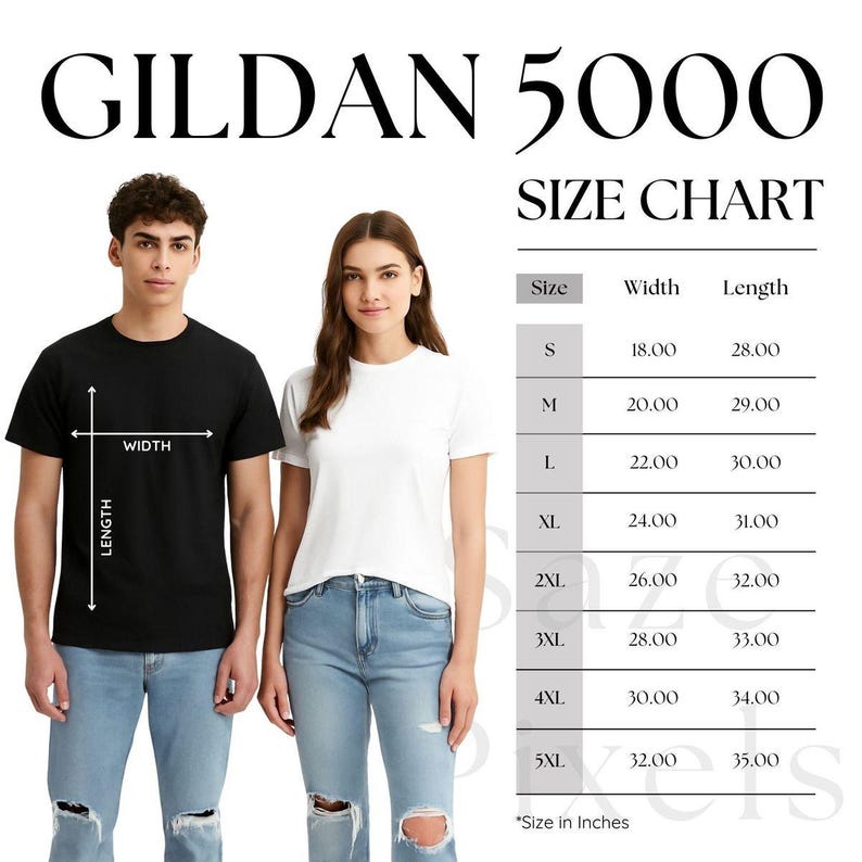 May include: A black t-shirt and a white t-shirt are modeled by two people. The image includes a size chart for Gildan 5000 t-shirts, with measurements in inches for width and length, ranging from size S to 5XL.