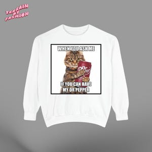 May include: White sweatshirt featuring a graphic of a cat holding a Dr. Pepper can. The text on the graphic reads "WHEN YOU ASK ME IF YOU CAN HAVE MY DR PEPPER". The sweatshirt has a crew neck and long sleeves.