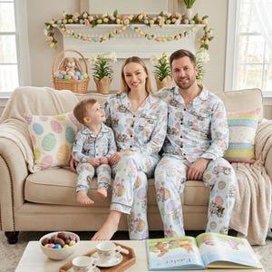 Puede incluir: Una familia de tres con pijamas de Pascua azul claro a juego con estampados de huevos y conejos. Est&aacute;n sentados en un sof&aacute; beige en una sala de estar decorada con cojines tem&aacute;ticos de Pascua, una guirnalda y una cesta de huevos.