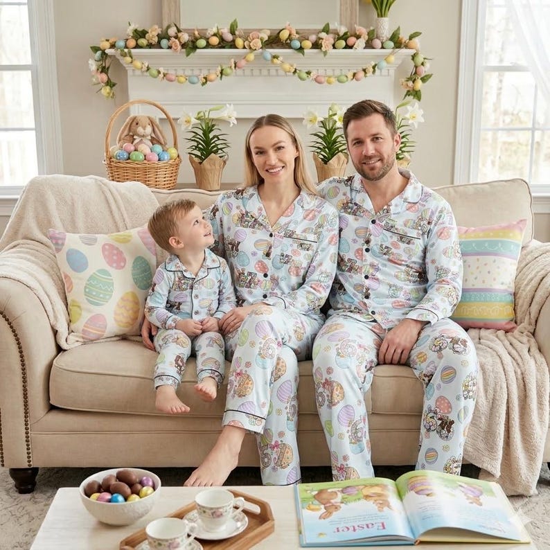 Puede incluir: Una familia de tres con pijamas de Pascua azul claro a juego con estampados de huevos y conejos. Est&aacute;n sentados en un sof&aacute; beige en una sala de estar decorada con cojines tem&aacute;ticos de Pascua, una guirnalda y una cesta de huevos.
