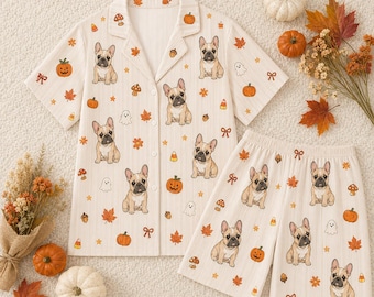 Halloween Frenchie Dog Black Labrador Pajamas Set, Pumpkin Golden Retriever German Shepherd Frenchie Pajamas, Custom Fall Pet Pyjamas Set