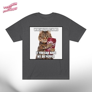 May include: Dark gray t-shirt featuring a meme of a tabby cat holding a Dr. Pepper can. The text on the image reads, "WHEN YOU ASK ME IF YOU CAN HAVE MY DR PEPPER."