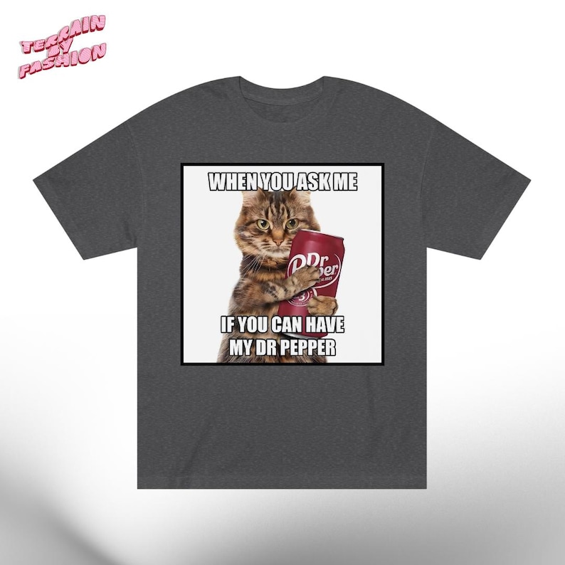 May include: Dark gray t-shirt featuring a meme of a tabby cat holding a Dr. Pepper can. The text on the image reads, "WHEN YOU ASK ME IF YOU CAN HAVE MY DR PEPPER."