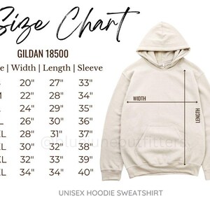 May include: A beige unisex hoodie sweatshirt with a size chart. The chart lists measurements for width, length, and sleeve length in inches for sizes S through 5XL. The brand is Gildan 18500.