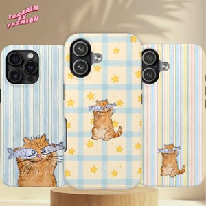 May include: Three phone cases with a cat theme. The cases feature a cartoon cat holding fish, set against backgrounds of blue stripes, yellow plaid with stars, and pastel stripes. The text "TERRAIN BY FASHION" is at the top left.