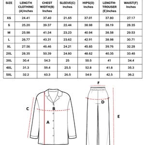 Puede incluir: Diagrama de un conjunto de pijama de manga larga con medidas en pulgadas. La tabla incluye tallas XS a 5XL, detallando la longitud de la ropa, el ancho del pecho, la longitud de la manga, las caderas, la longitud del pantal&oacute;n y las medidas de la cintura. La imagen tambi&eacute;n muestra un diagrama de la parte superior e inferior del pijama.