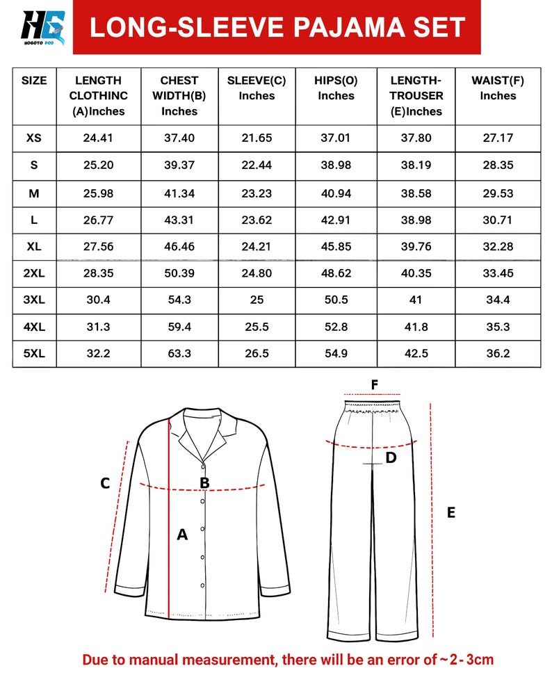 Puede incluir: Diagrama de un conjunto de pijama de manga larga con medidas en pulgadas. La tabla incluye tallas XS a 5XL, detallando la longitud de la ropa, el ancho del pecho, la longitud de la manga, las caderas, la longitud del pantal&oacute;n y las medidas de la cintura. La imagen tambi&eacute;n muestra un diagrama de la parte superior e inferior del pijama.
