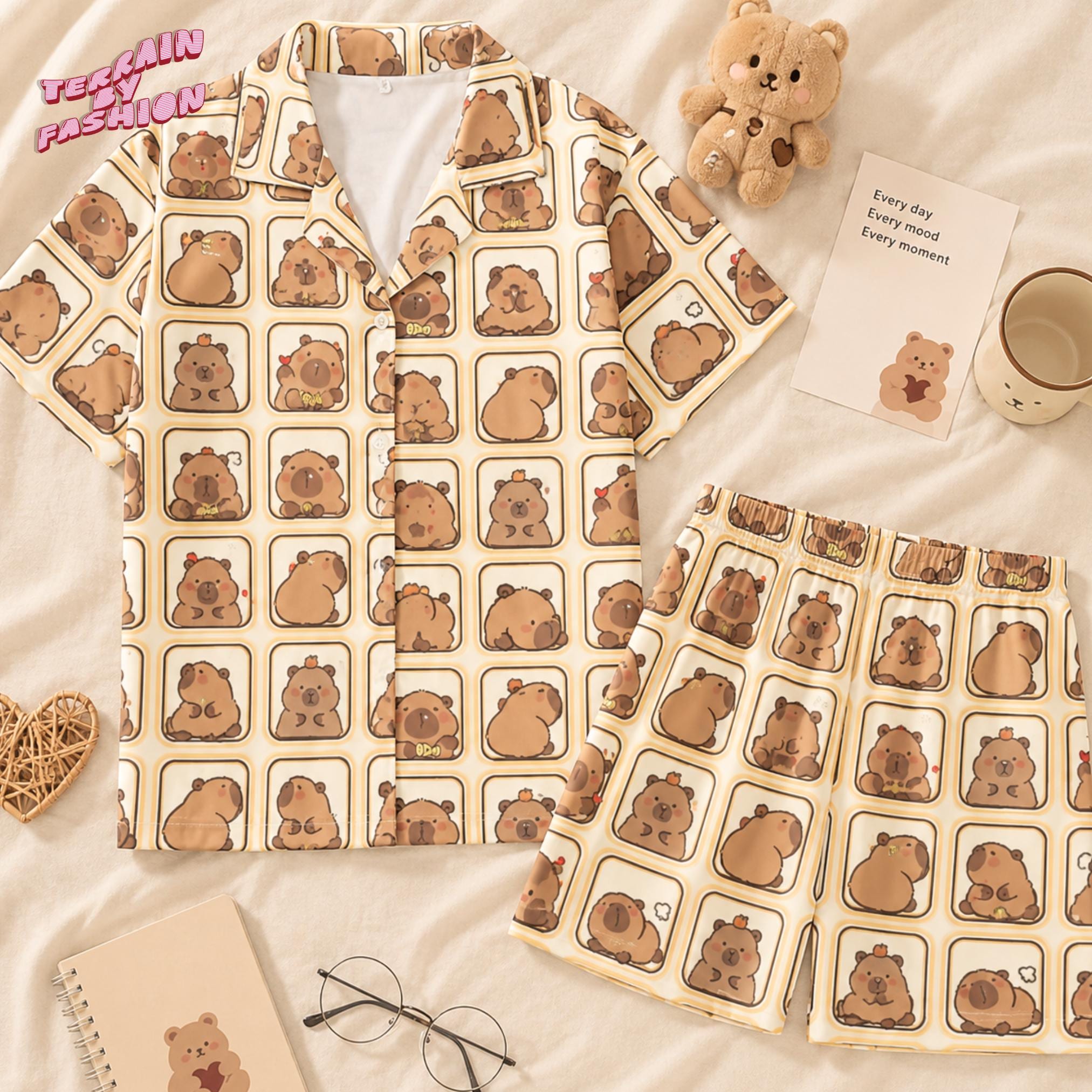 Cute Capybara Short Satin Pajama Set, Family's Sleepwear, Polyester Spandex Blend