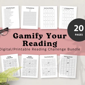 May include: A digital reading challenge bundle with the text "Gamify Your Reading" and "Digital/Printable Reading Challenge Bundle". The image includes 20 pages of reading prompts and bingo cards, along with a pair of eyeglasses.