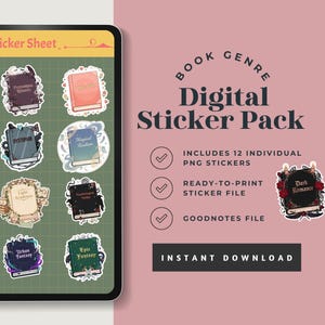May include: Digital sticker pack featuring 12 individual PNG stickers with book genre themes. The stickers include titles like "Dark Romance," "Mythology," and "Epic Fantasy." The pack also includes a ready-to-print sticker file and a Goodnotes file for instant download.