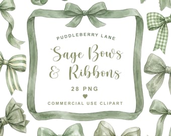 PNG-Bundle mit Schleifen in Salbeigrün, Aquarell-Schleifen-Cliparts und Bändern (PNG), verspielte Schleifen für Babyparty-Einladungen, Kinderzimmer-Drucke und Schilder