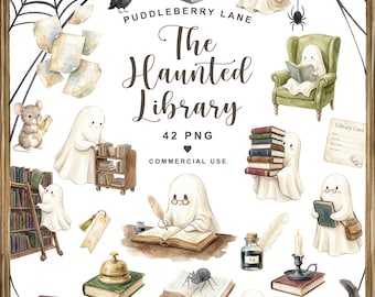 Halloween-Cliparts für Bücherwürmer, süßes lesendes Gespenst (PNG), Cliparts für Bücherliebhaber, Spukbibliothek, Halloween-Aquarell-Cliparts, digitaler Download