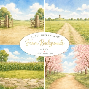 May include: A digital collection of four watercolor farm landscapes featuring a wooden gate, a windmill on a hill, a cornfield with a stone path, and a blooming cherry blossom orchard, labeled PUDDLEBERRY LANE Farm Backgrounds 15 PNGs.
