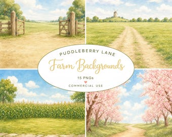 Paisagem Rural em Aquarela, Clipart de Fundo de Fazenda, Fundos para Criador de Cenas Rurais, Fundo de Quintal, Paisagem Rural em PNG, Uso Comercial
